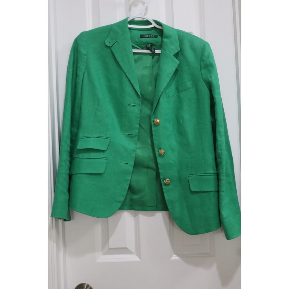 Lauren Ralph Lauren Green 100% Linen Blazer Gold Crest Buttons Size 6
